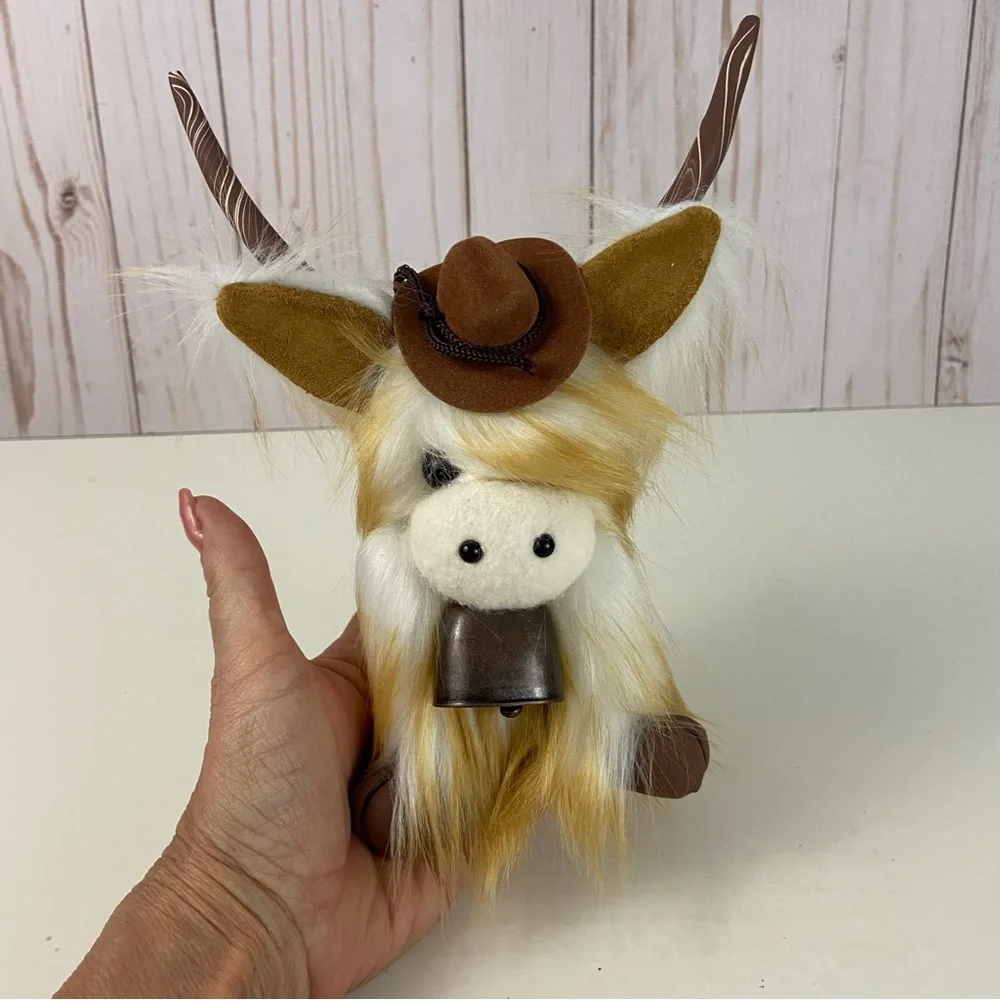 ❌ SOLD Highland Cow Coo Gnome Tan White Cowboy Hat Bell Handmade Farmhouse Home - Picture 12 of 12